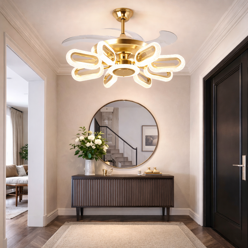 Modern 8 Way Oval Look Fan Chandelier – 3 Colour LED Ceiling Light