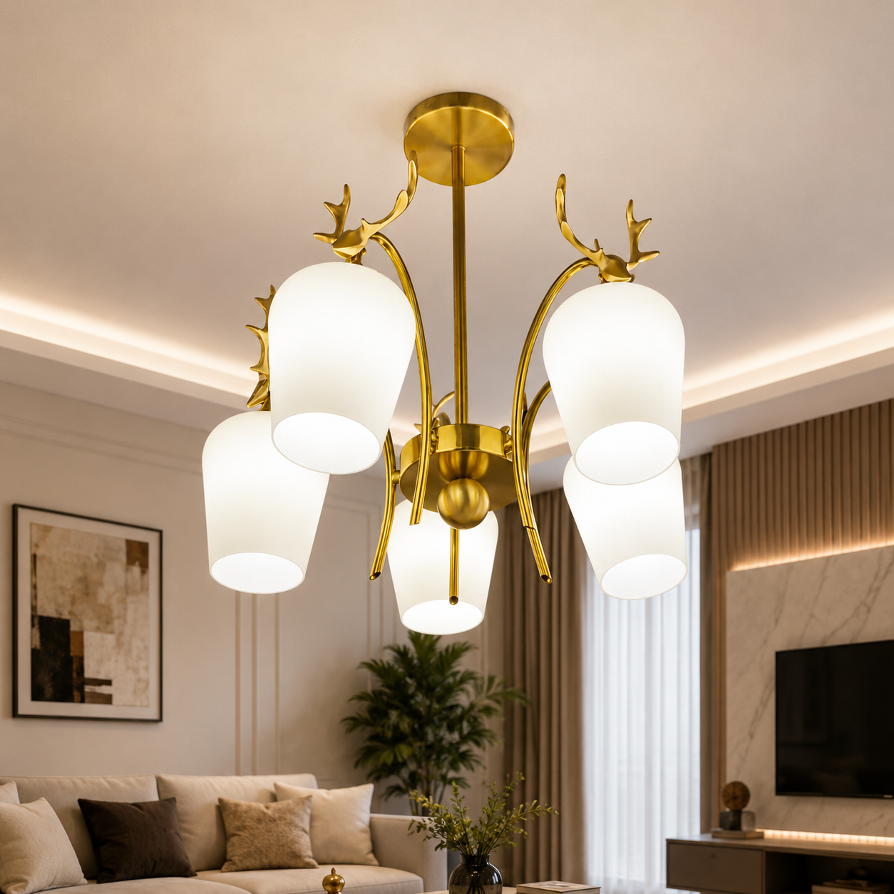 Modern Deer Head Shade Chandelier Light – Gold Designer Ceiling Fixture