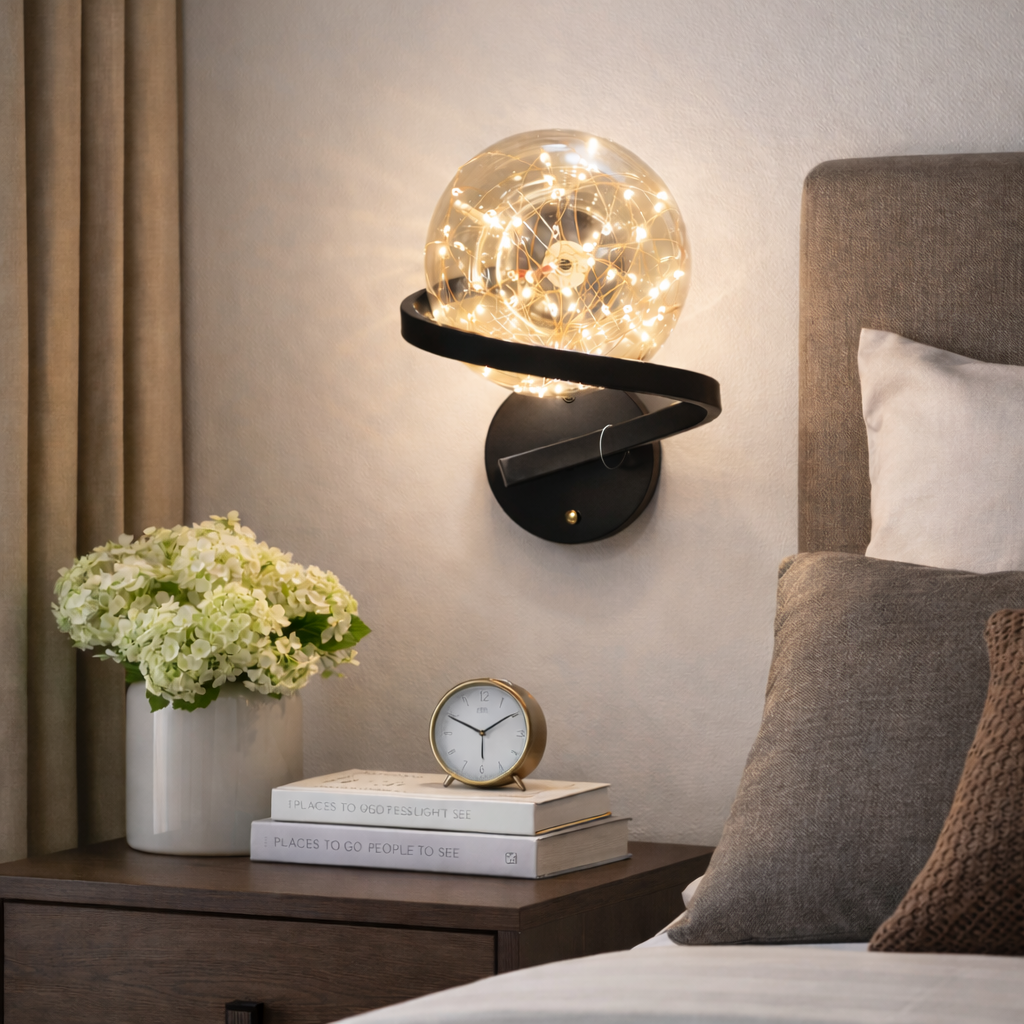 Wall-mounted lamp on a nightstand next to a bed with pillows