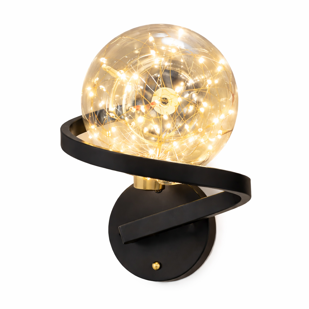 Wall-mounted light fixture with a spherical glass cover and black metal frame on a white background