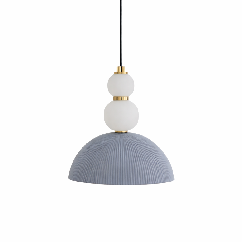 Pendant light with white spherical shades and a ribbed gray base on a white background