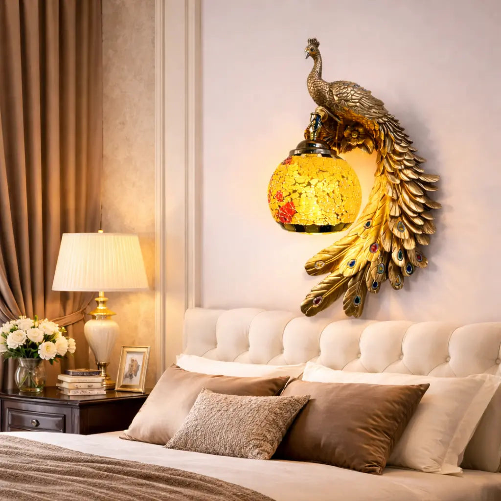 Modern Gold Mosaic Decorative Peacock Wall Light