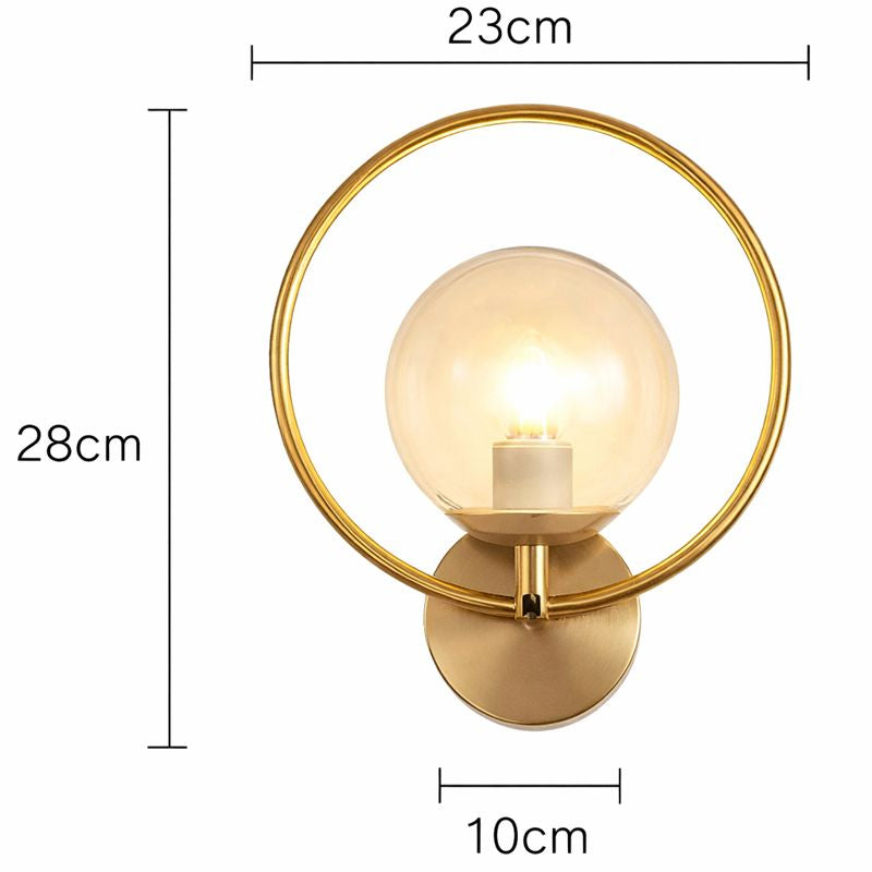 Gold wall-mounted lamp with dimensions indicated on a white background