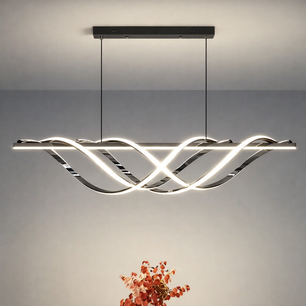 Modern pendant light with wavy design on a neutral background