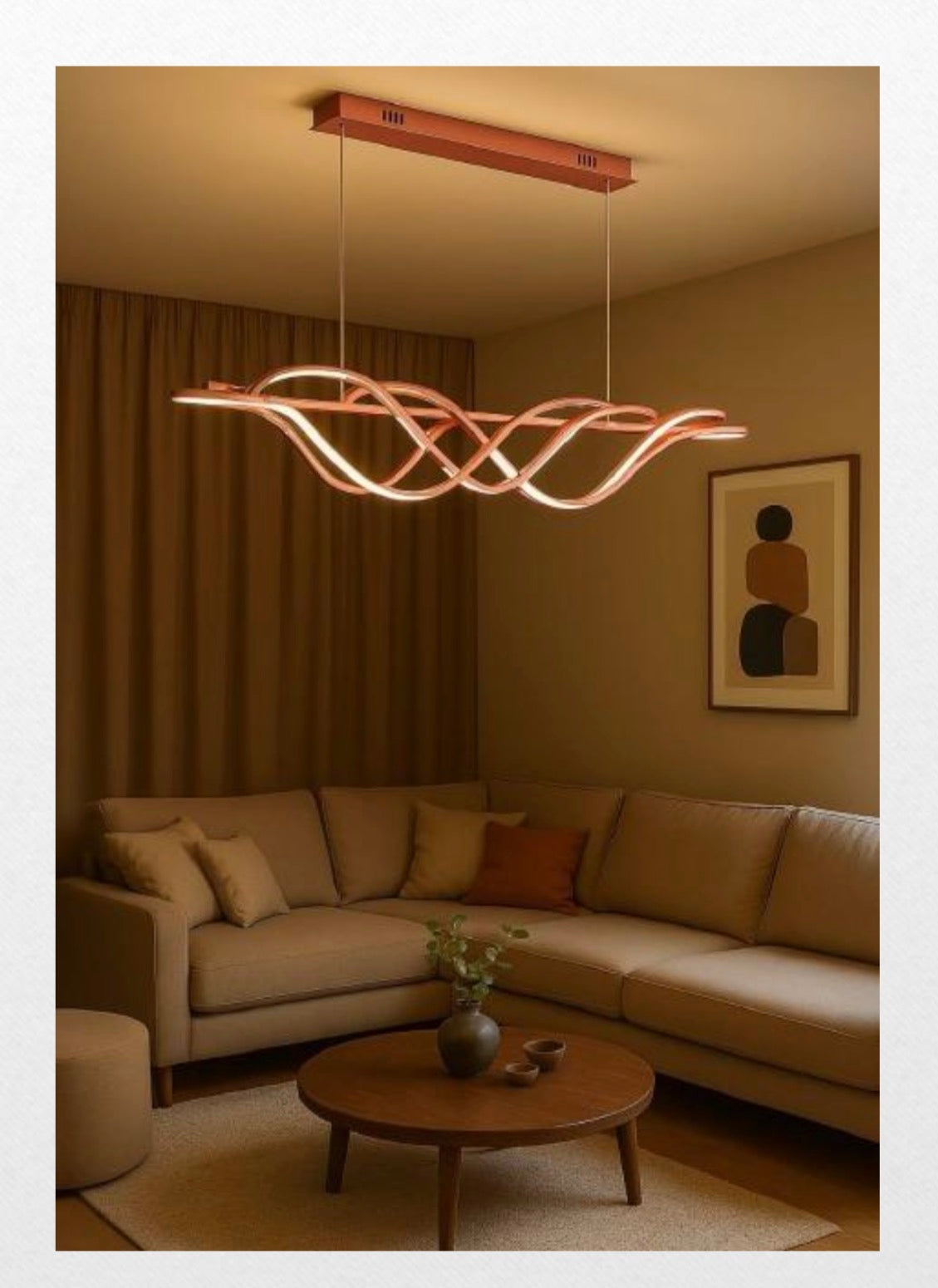 Modern living room with a stylish chandelier, beige sofa, and wooden coffee table.