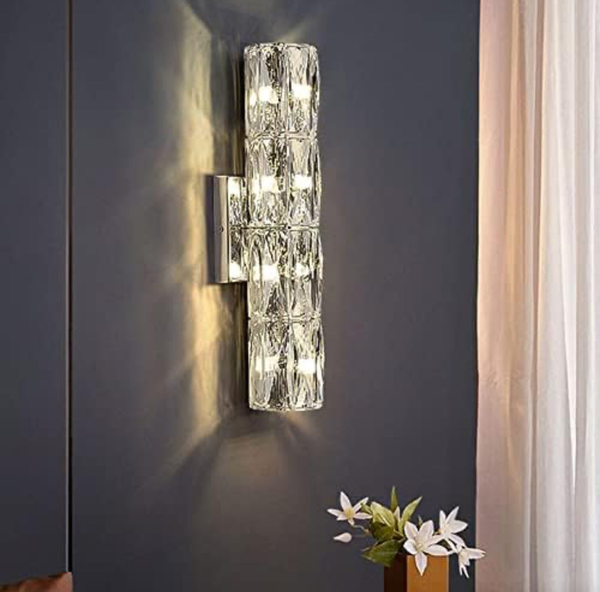 Modern wall sconce with crystal design on a dark wall, next to a plant.