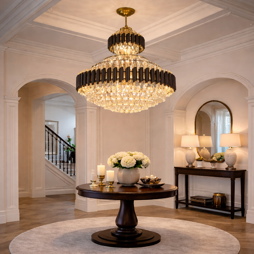 Modern Luxurious Gold & Black Crystal Chandelier – LED Statement Light