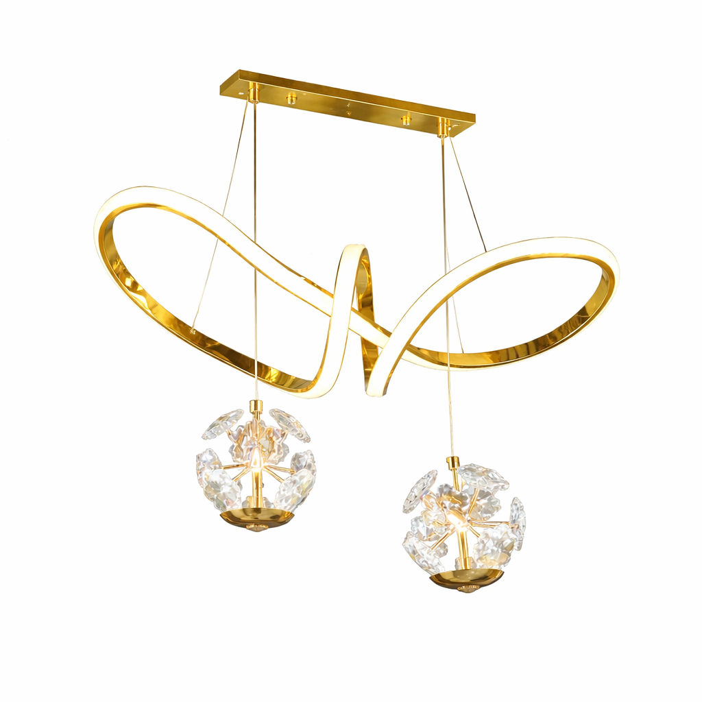 Gold chandelier with crystal balls on a white background