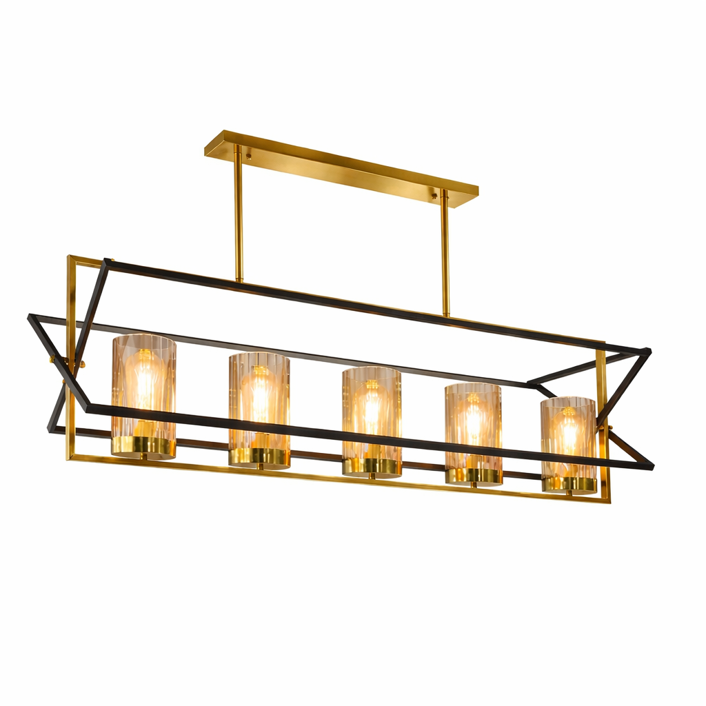 Modern chandelier with gold frame and glass shades on a white background
