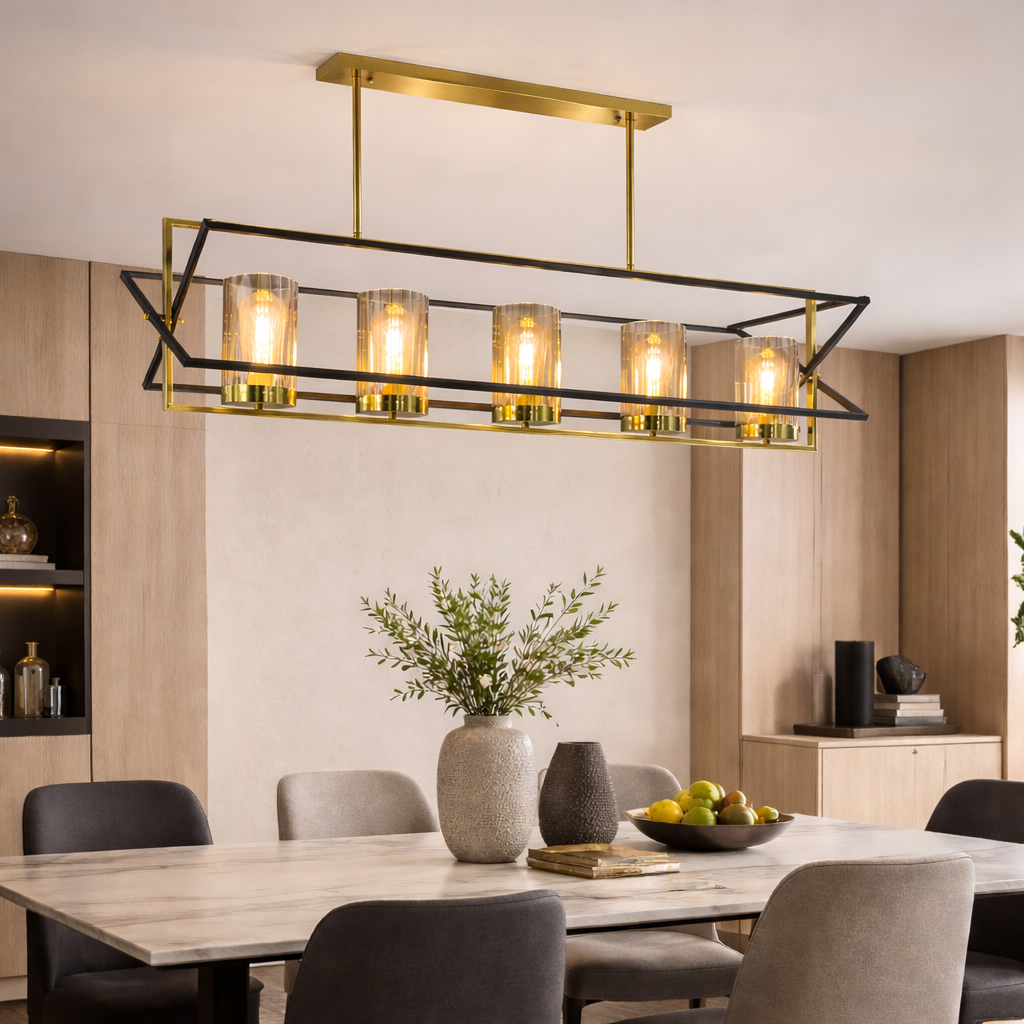 Modern dining room with a gold and black chandelier, table, chairs, and decor.