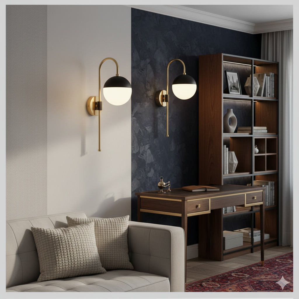 Modern living room with a sofa, wall sconces, and a bookshelf.