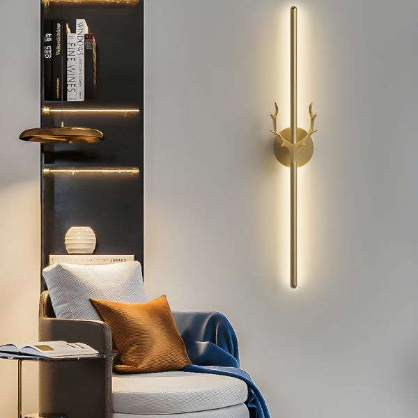 Modern interior design with a wall-mounted lamp and a shelf.