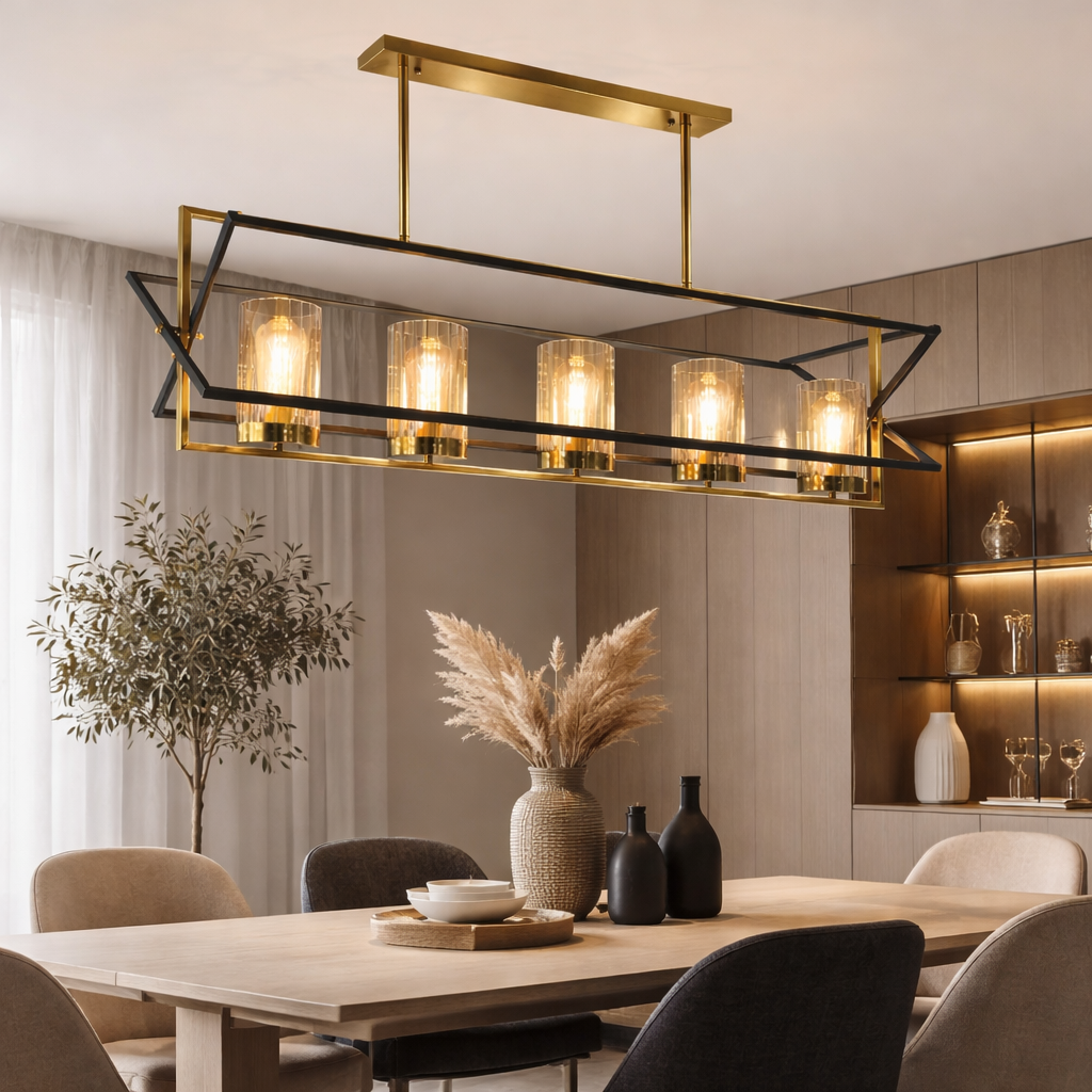 Modern dining room with a chandelier, table, chairs, and decorative elements.