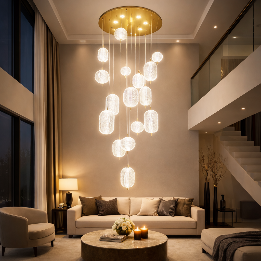 Modernistic Double Height Metal & Acrylic Chandelier (16–48 Lights)