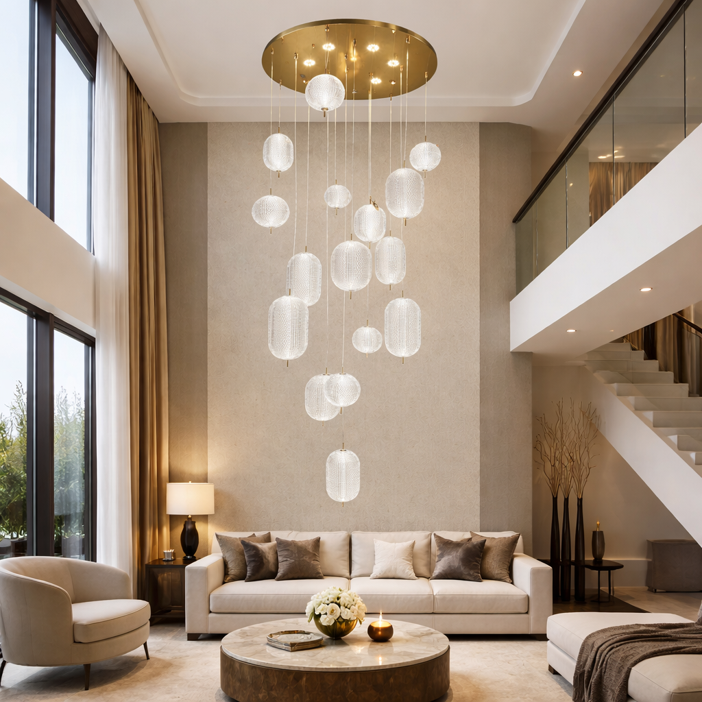 Modernistic Double Height Metal & Acrylic Chandelier (16–48 Lights)