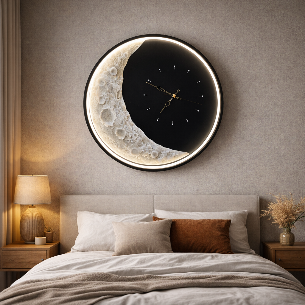 Moon LED Wall Light with Clock – 3 Color Changing Design