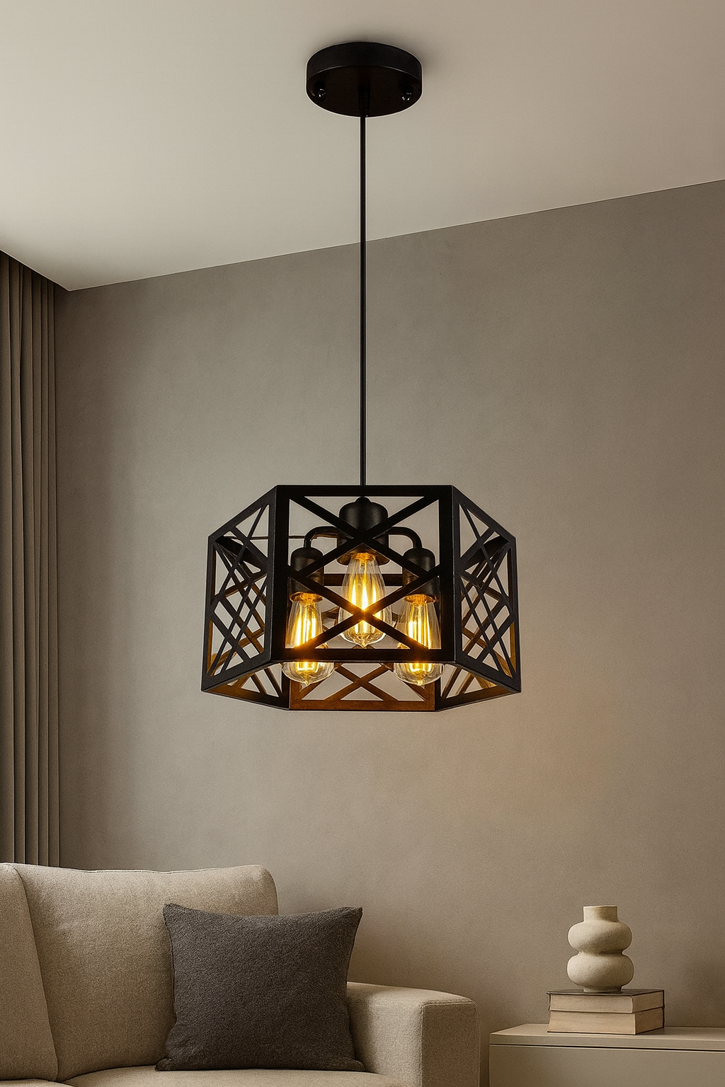 Modern pendant light fixture hanging above a sofa in a living room.