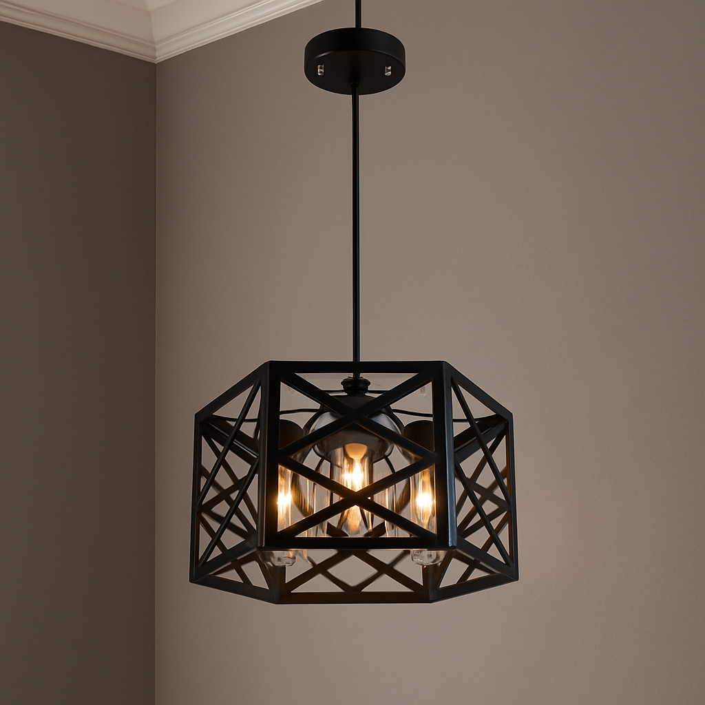 Black geometric pendant light fixture on a neutral wall.