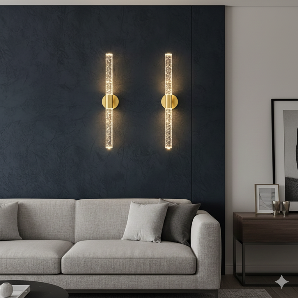 Modern wall sconces on a dark wall above a gray sofa in a living room.