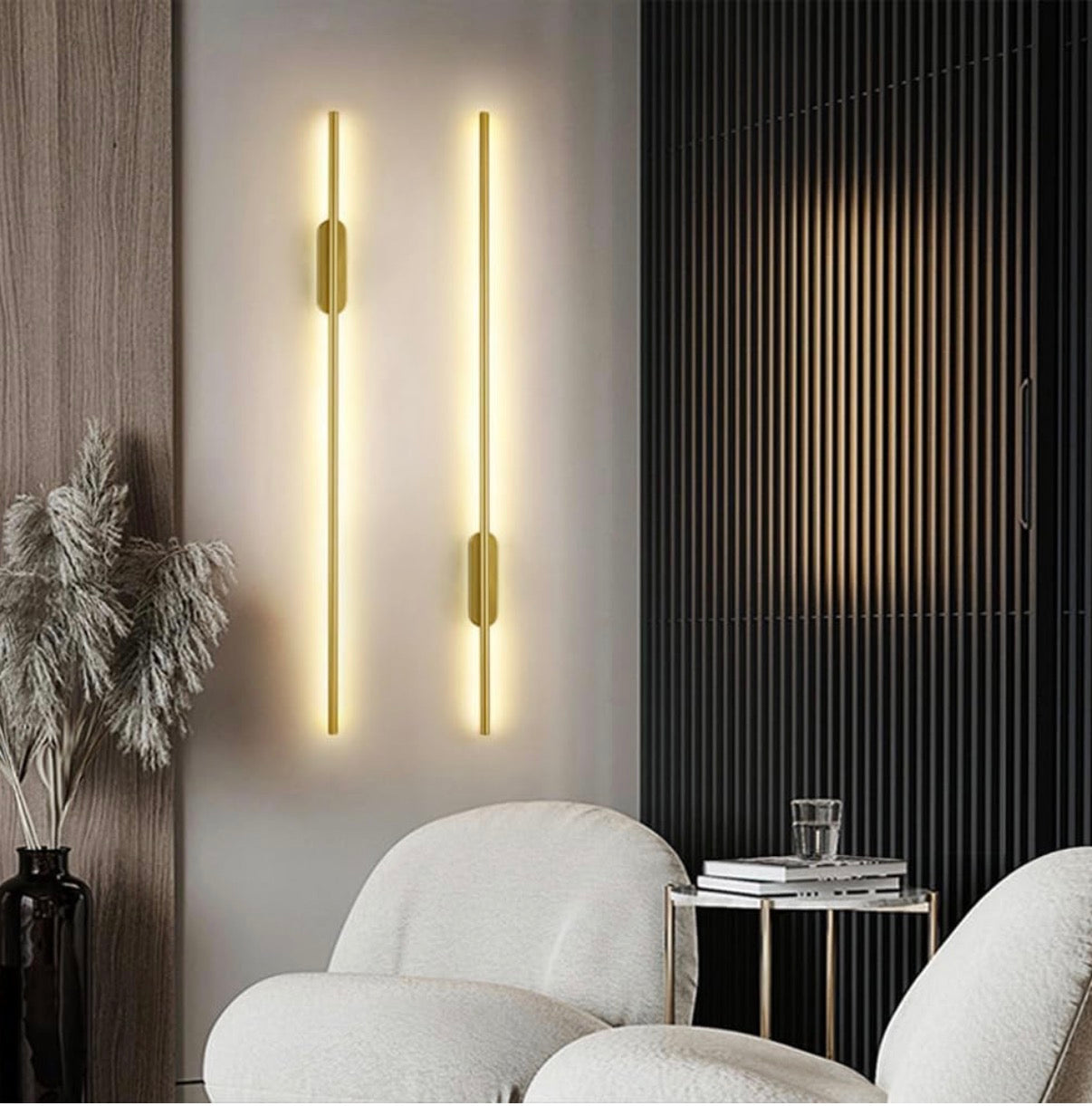 Modern wall lights on a neutral wall with a minimalistic interior design.