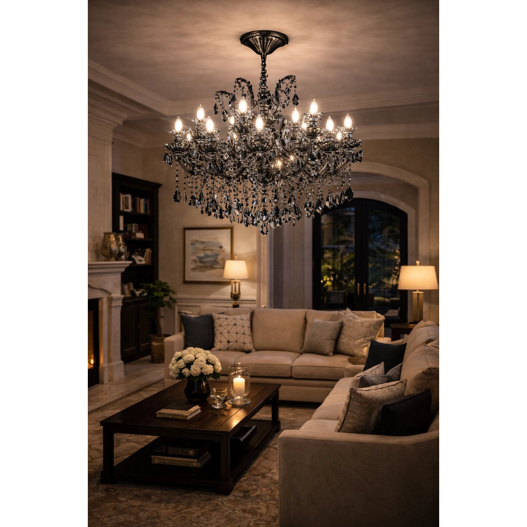 Luxurious living room with a grand chandelier, beige sofa, and decorative coffee table.