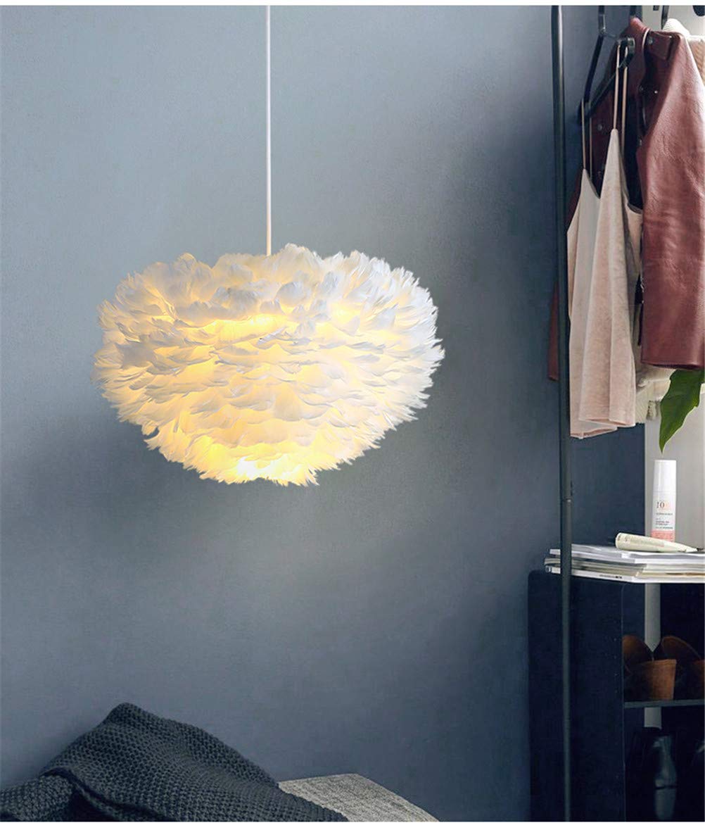 Pendant light fixture hanging in a room with a blue wall and clothing rack.
