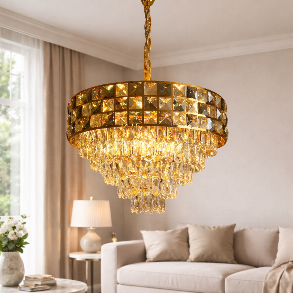 Gold chandelier hanging in a living room with a couch and lamp.