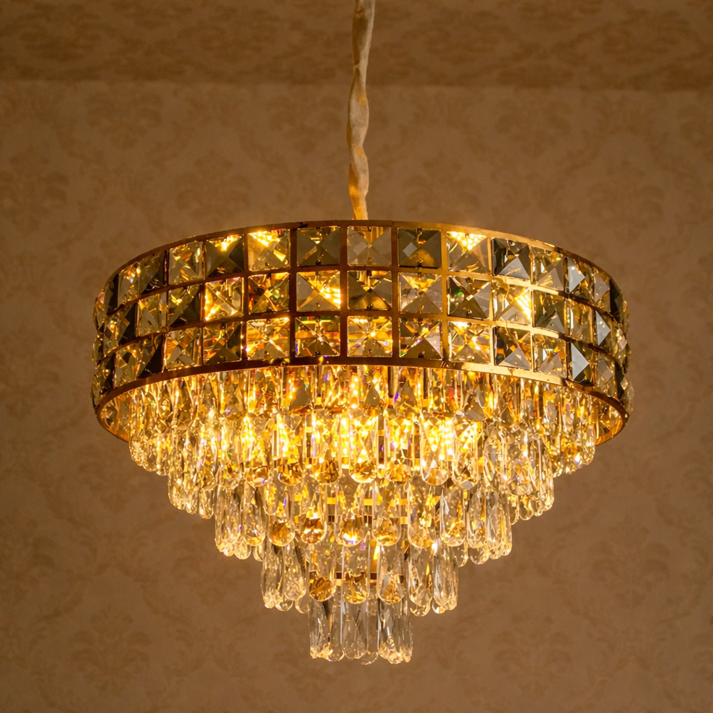 Gold chandelier with clear crystals on a beige background