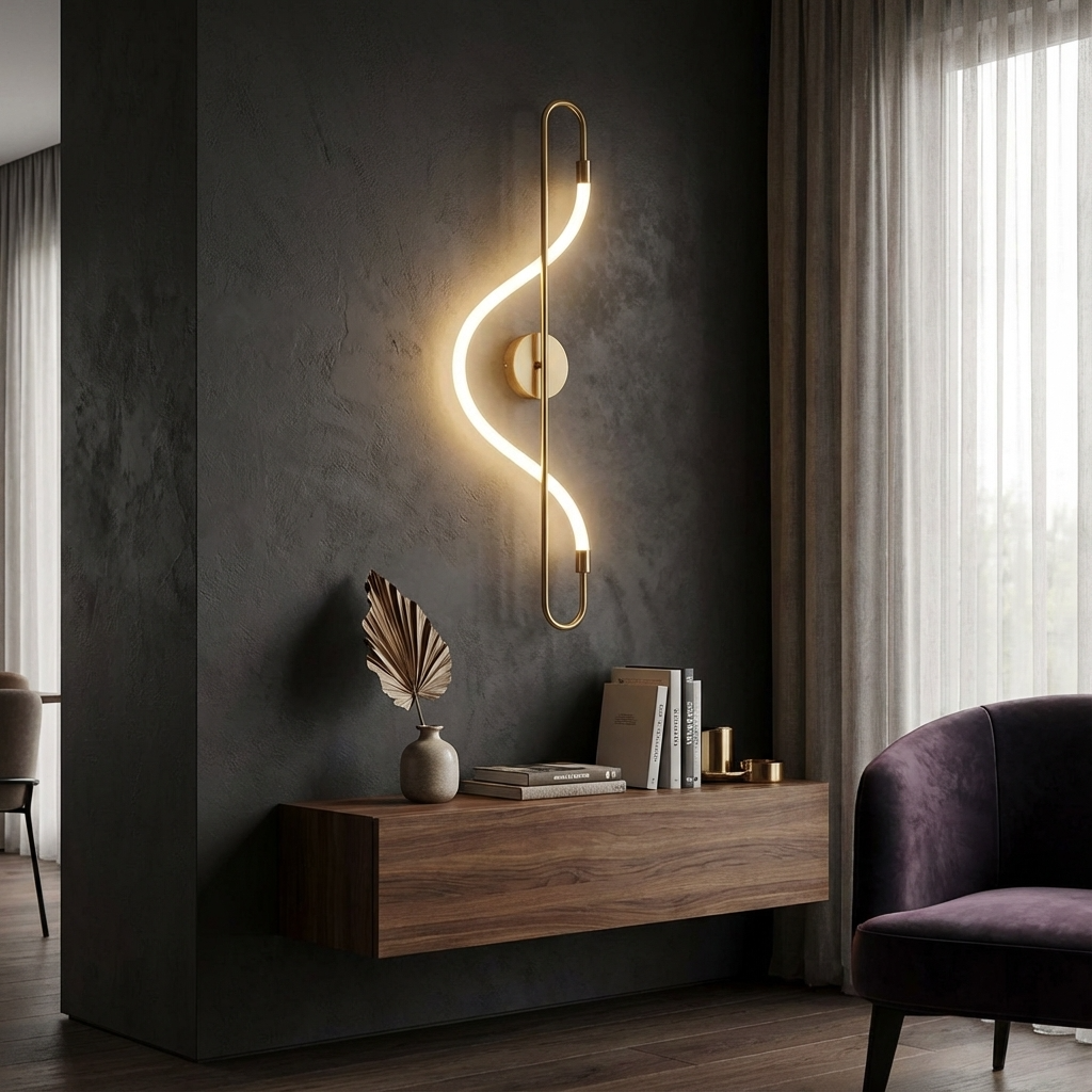 Modern wall light fixture in a stylish room with a dark wall and wooden console table.