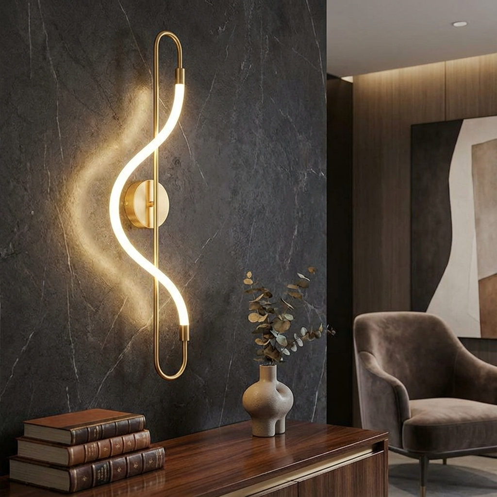 Modern wall light fixture in a stylish interior setting with books and a vase on a table.