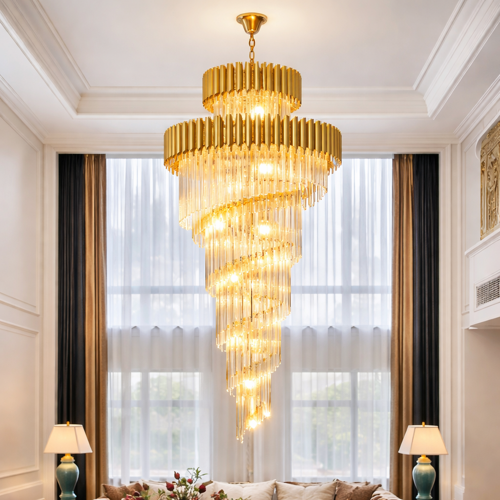 Spiral Long Chandelier – Black & Gold LED Statement Design