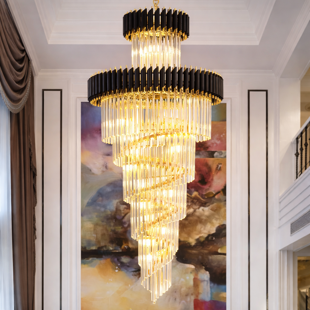 Spiral Long Chandelier – Black & Gold LED Statement Design