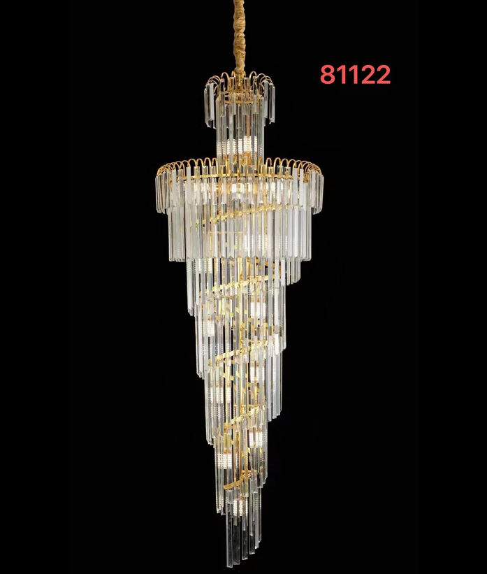 A golden-colored crystal chandelier with a spiral design and multiple branches, featuring LED bulbs.