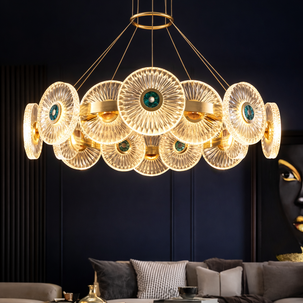 Modern chandelier with gold and glass design in a living room setting.