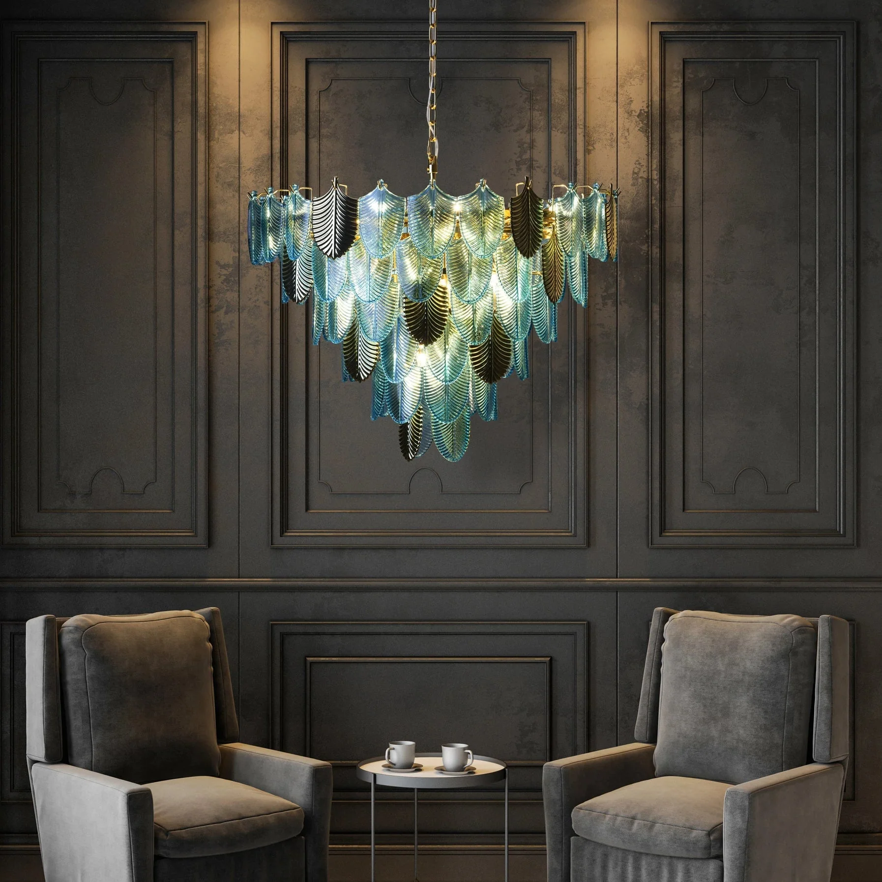 Decorative chandelier hanging above two gray armchairs in a room with dark paneled walls.