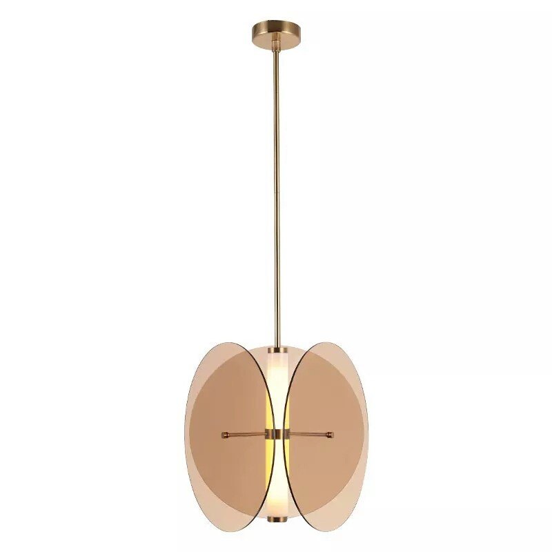Modern pendant light with gold finish and glass shade on a white background