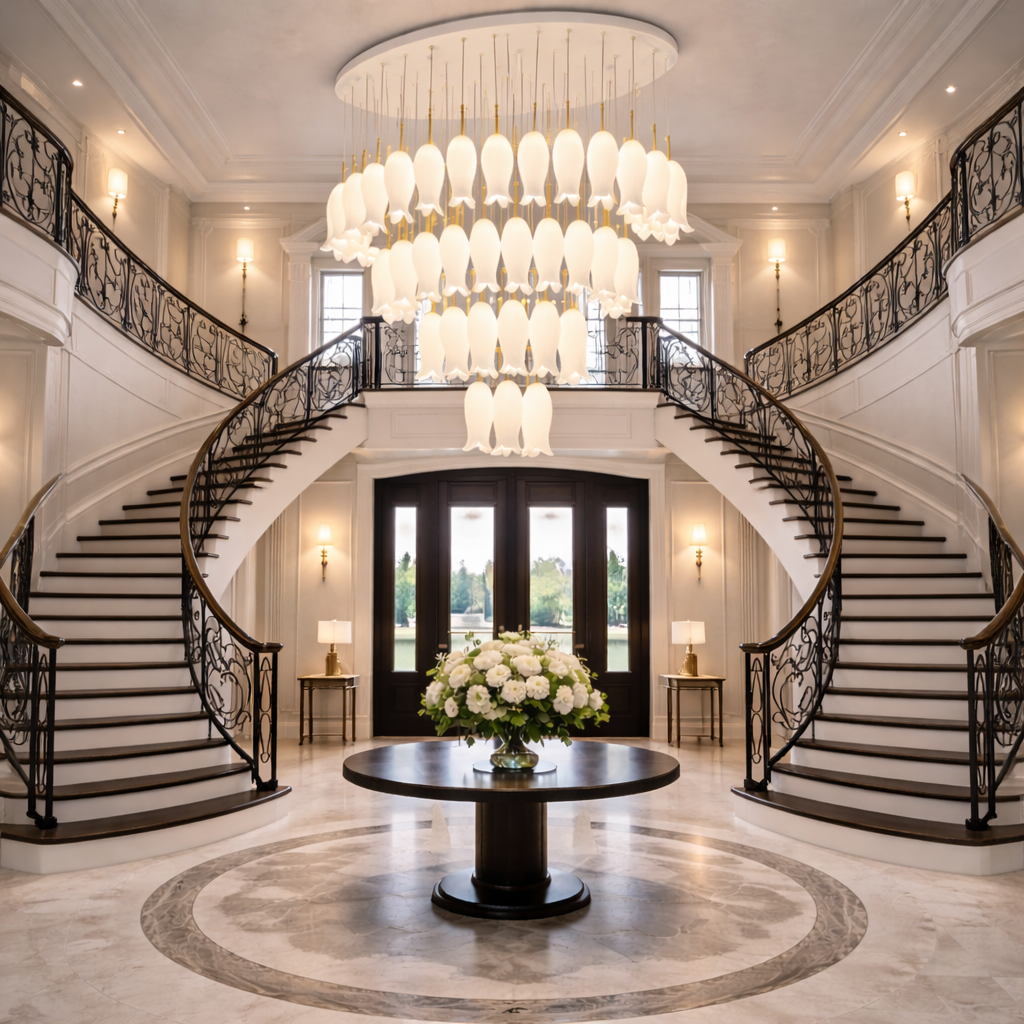 Tulip Flower Chandelier Light with Hanging Hummingbirds