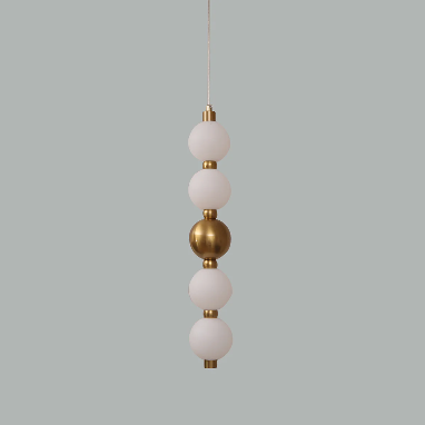 Pendant light with white and gold spherical design on a gray background