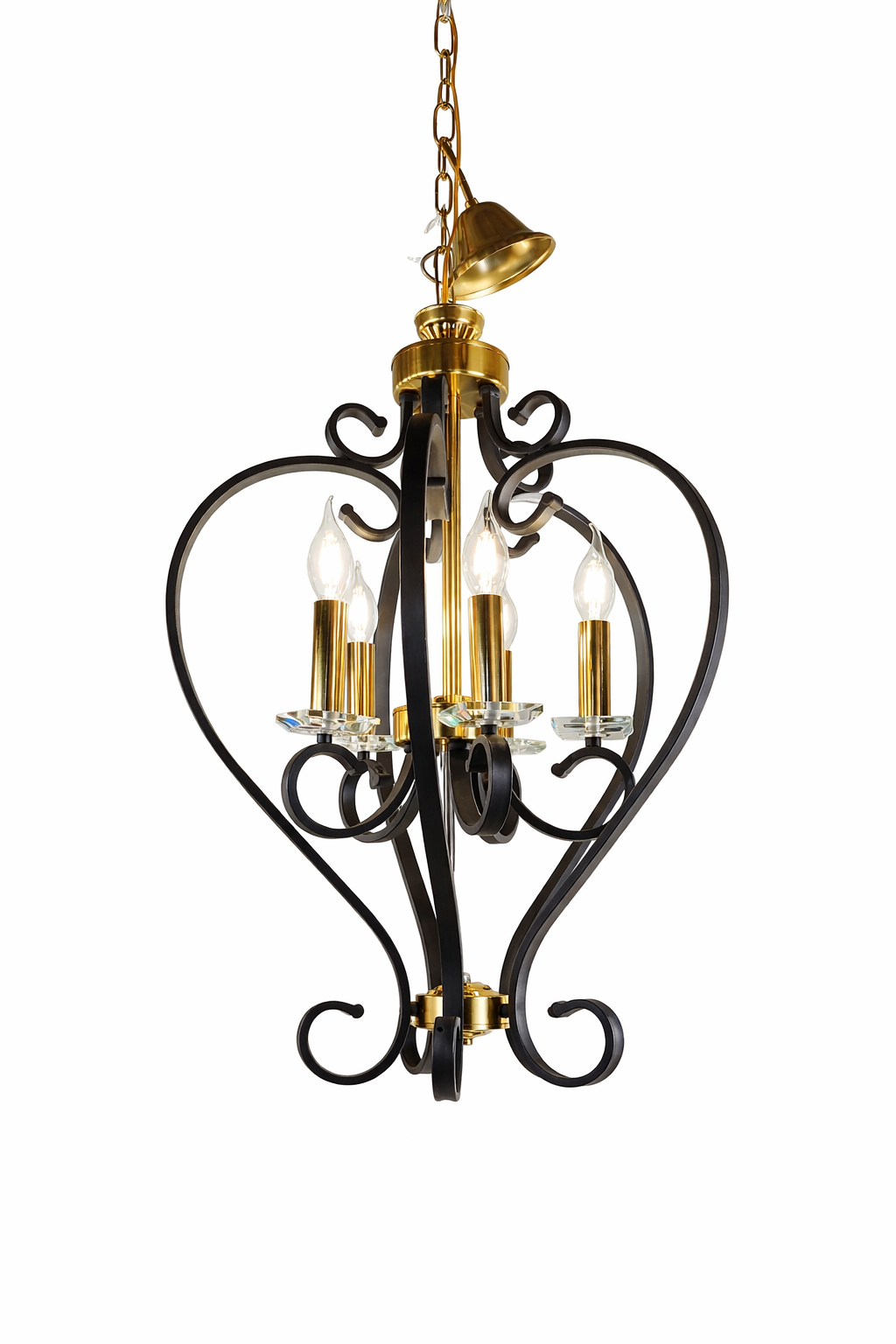 Decorative chandelier with black and gold design on a white background
