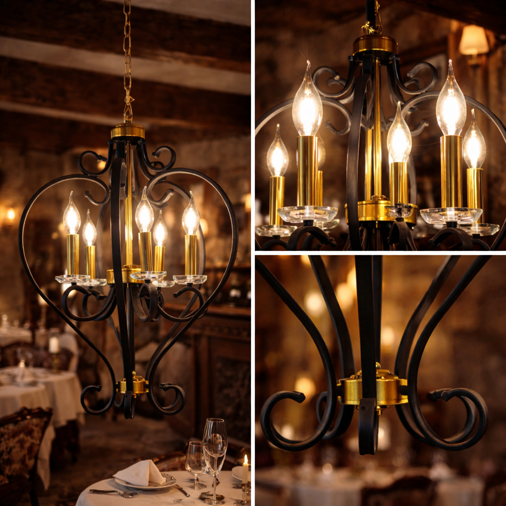 Vintage Black Iron Frame with Crystal Candle Hanging Light