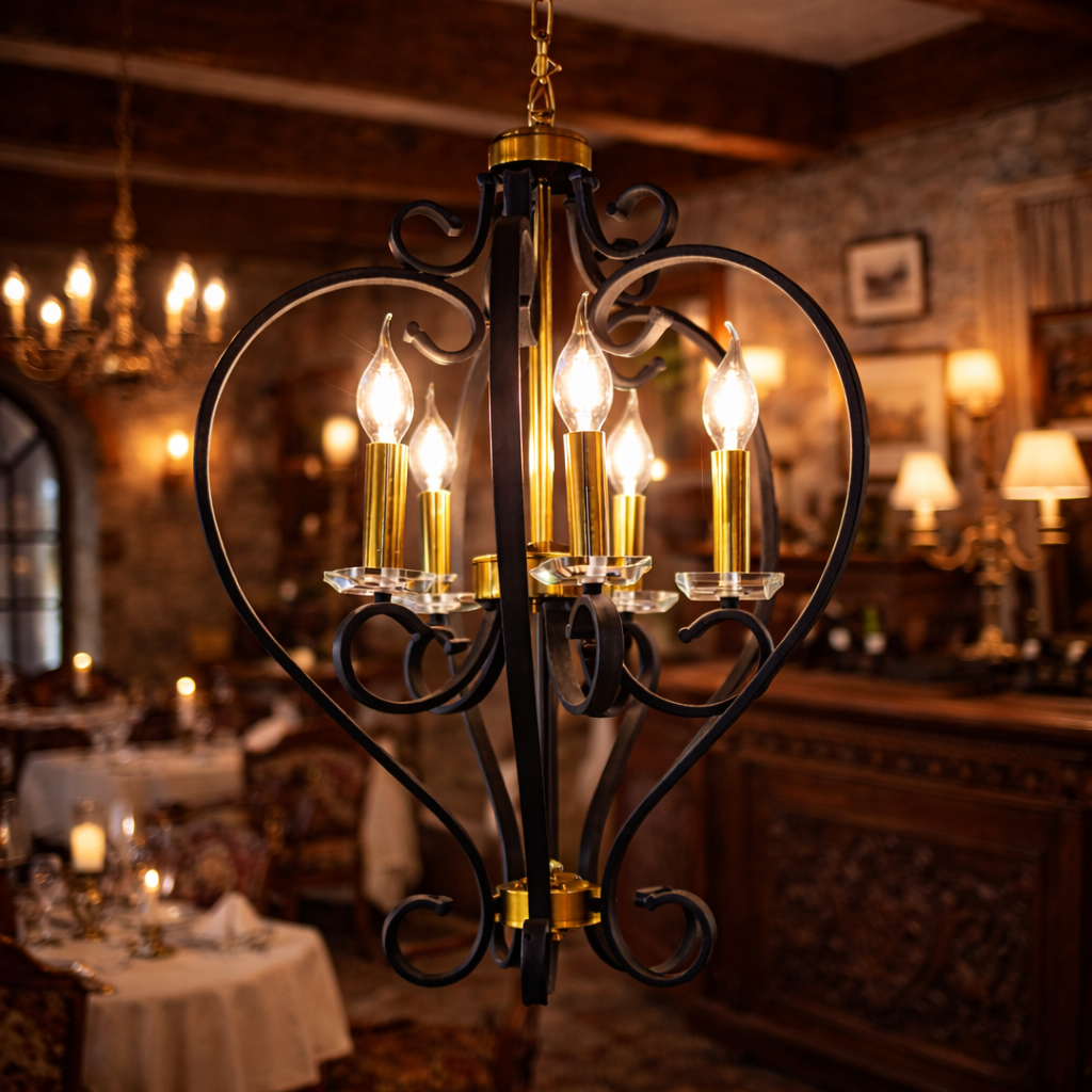 Vintage Black Iron Frame with Crystal Candle Hanging Light