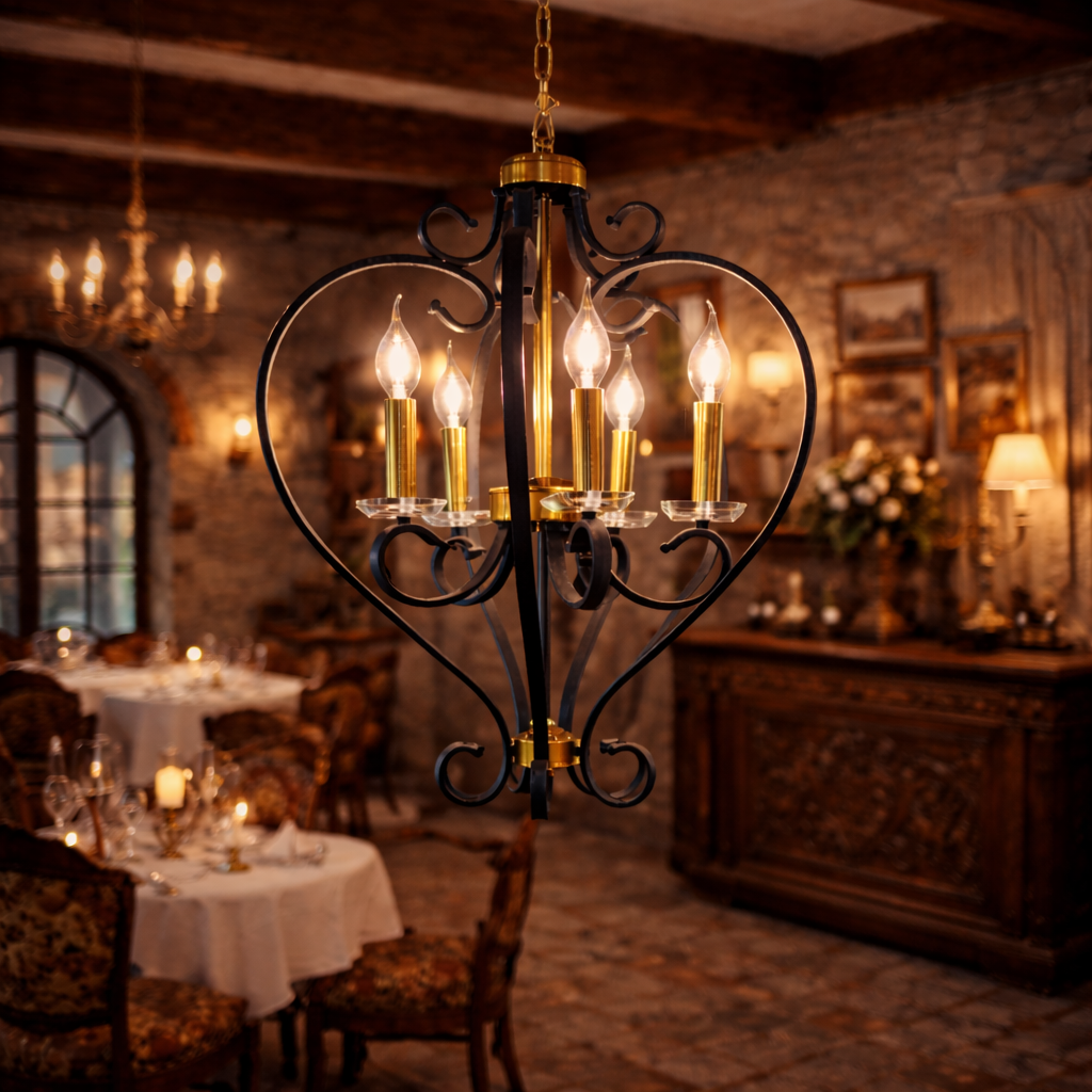 Vintage Black Iron Frame with Crystal Candle Hanging Light