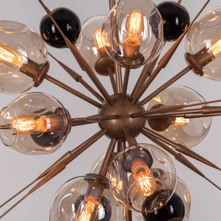 Chandelier with multiple light bulbs on a neutral background