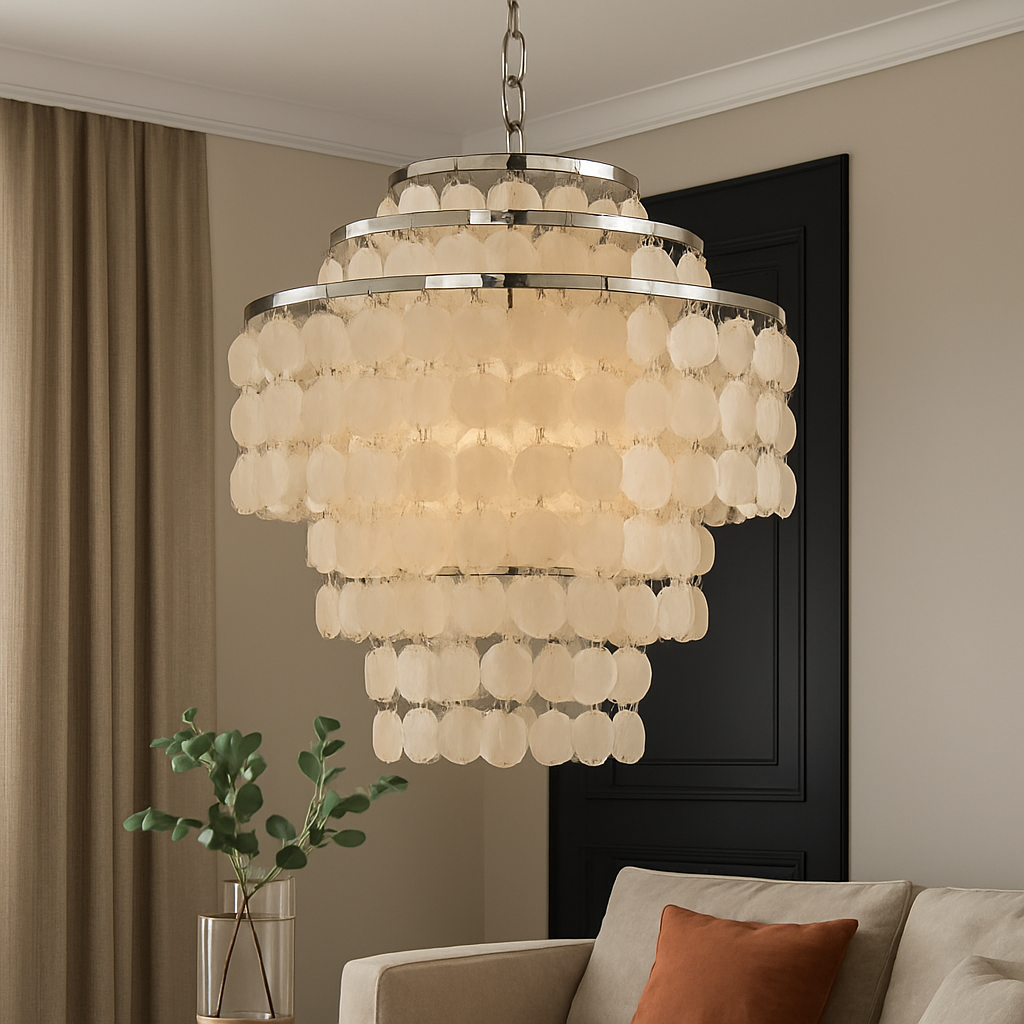 Chandelier hanging in a living room with a beige sofa and plant.