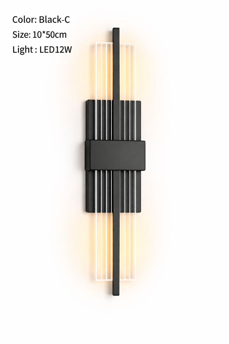 Modern wall-mounted light fixture with black finish and LED lighting on a white background.