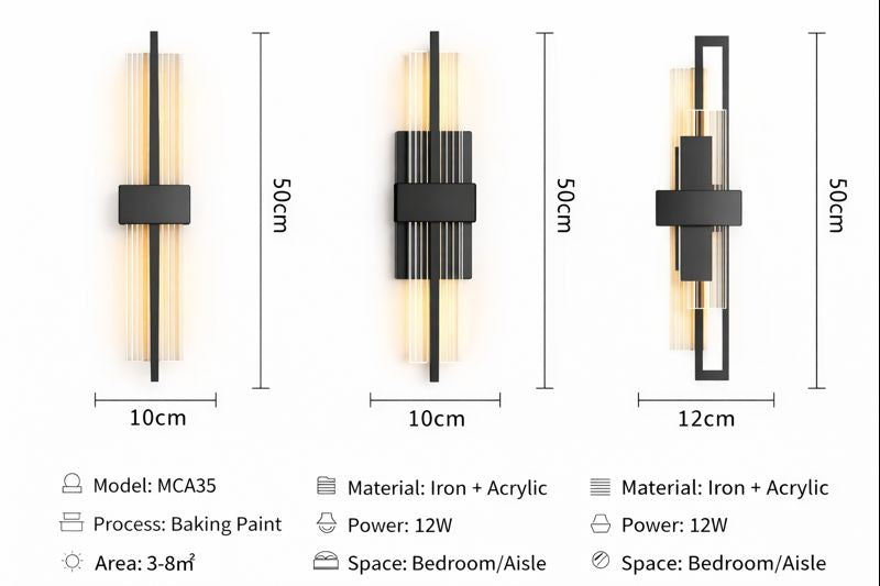 Dimensions and specifications of a modern wall light fixture on a white background