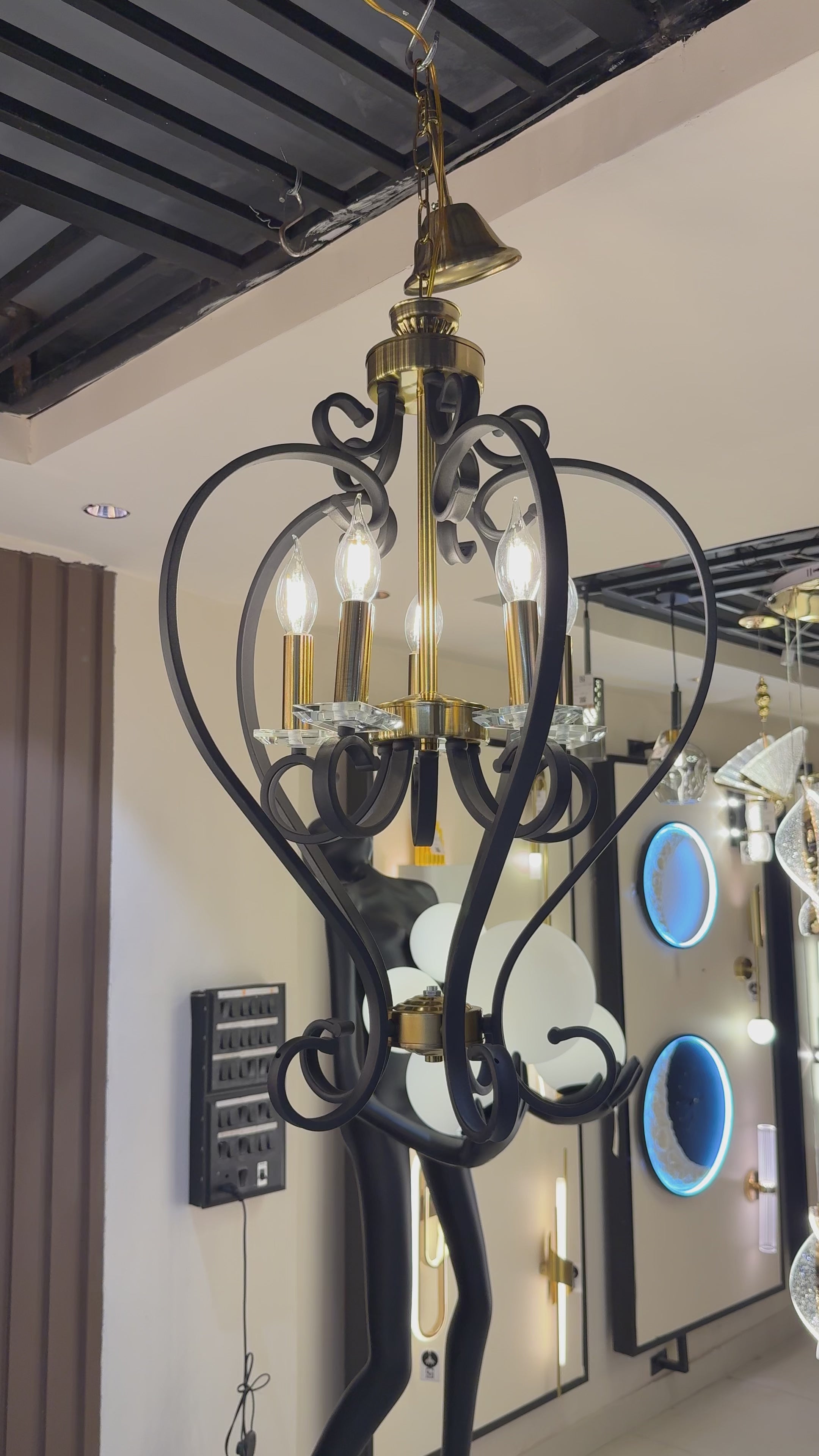 Vintage Black Iron Frame with Crystal Candle Hanging Light