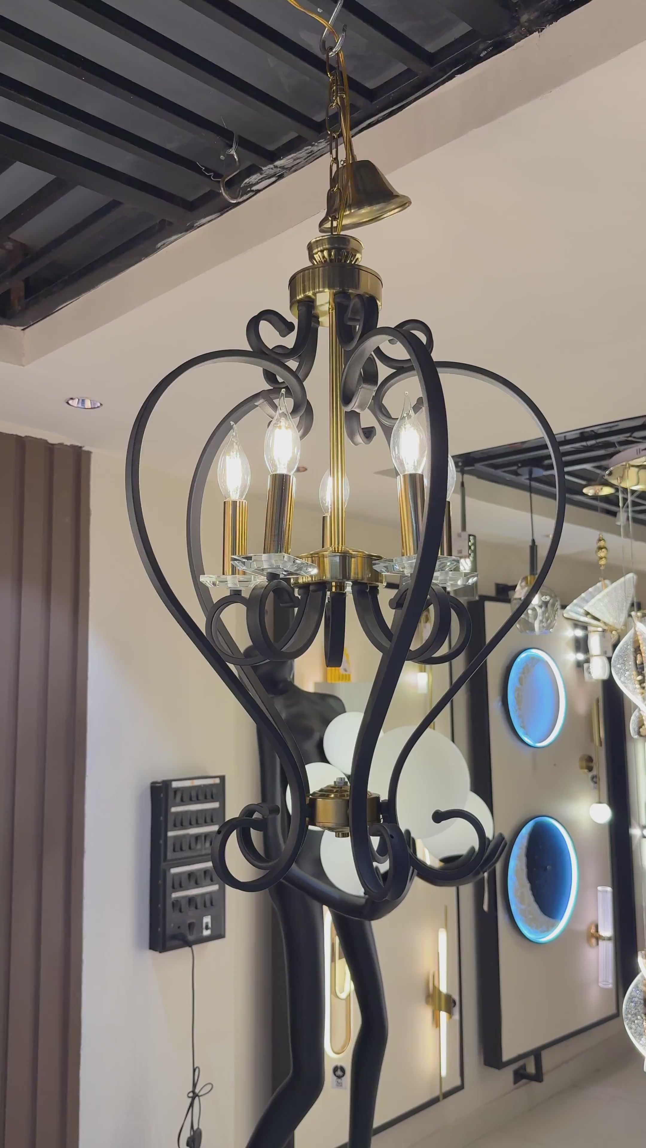 Vintage Black Iron Frame with Crystal Candle Hanging Light