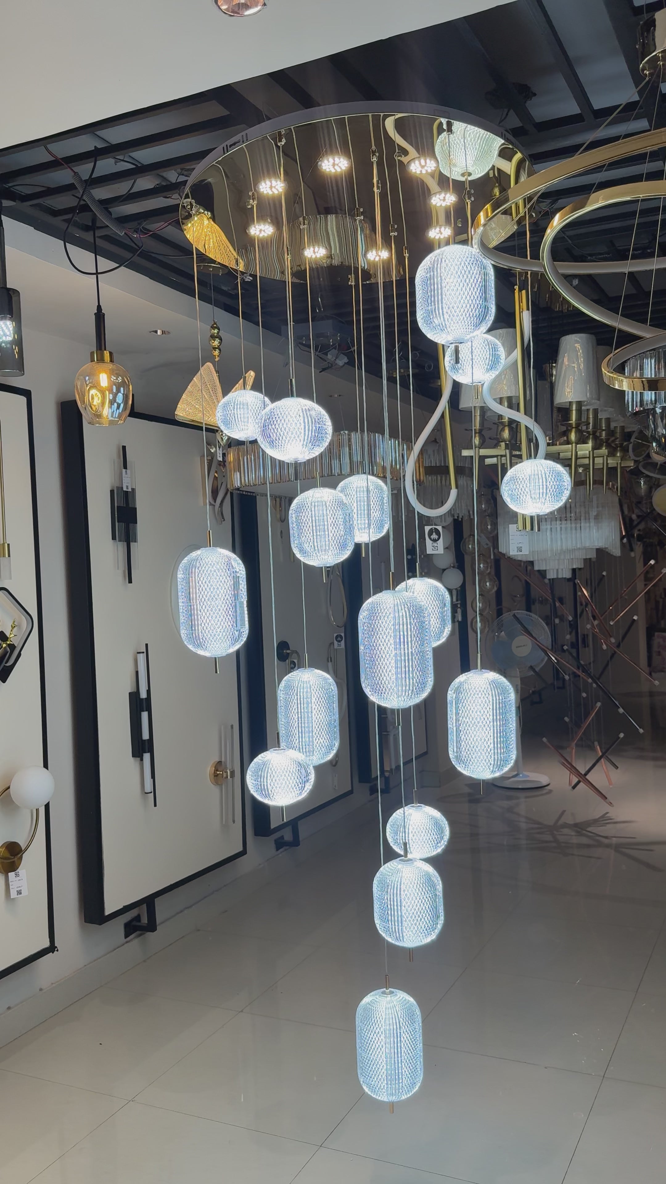 Modernistic Double Height Metal & Acrylic Chandelier (16–48 Lights)