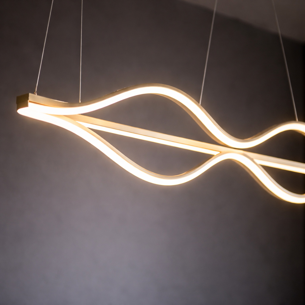 Modern pendant light with wavy design on a dark background